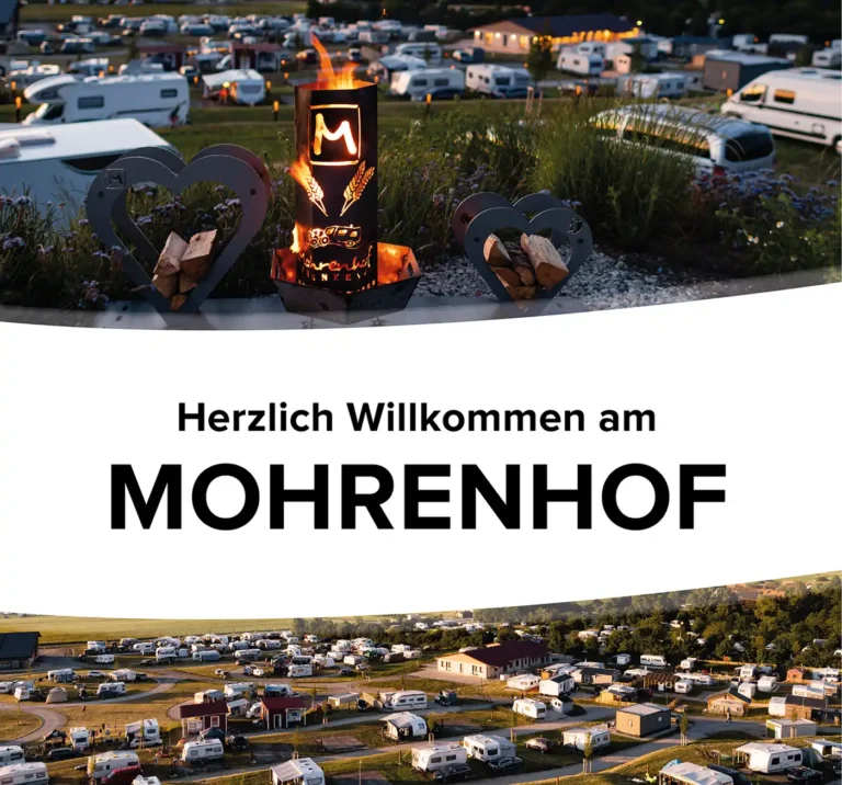 Titelbereich der Mohrenhof Gästemappe mit Feuerschale, Herz-Dekoration und einer Luftaufnahme der Camping-Stellplätze