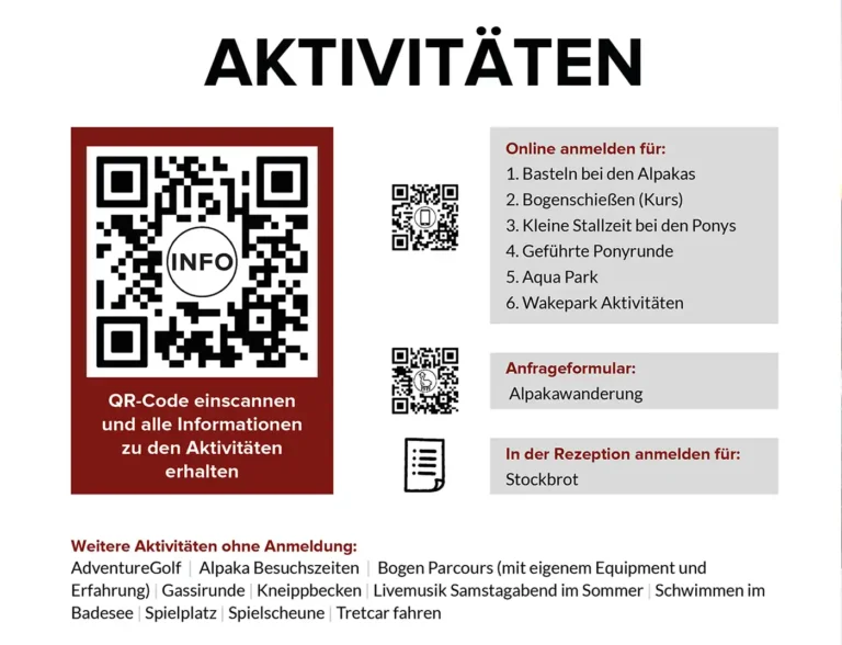 Ausschnitt der Aktivitaten-Seite mit QR-Codes zur Online-Anmeldung für Bogenschießen, Alpakawanderung und Aquapark