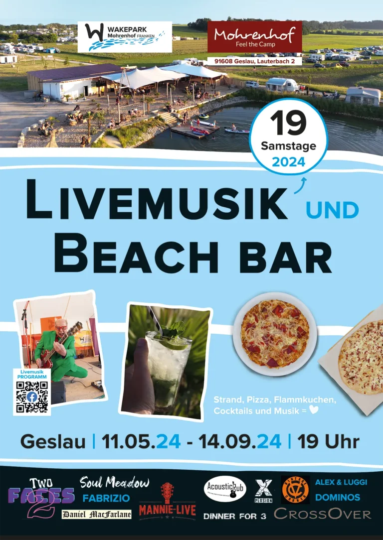 Plakat-Design für Livemusik und Beach Bar im Wakepark Mohrenhof mit Programm-Infos und Speisenangeboten