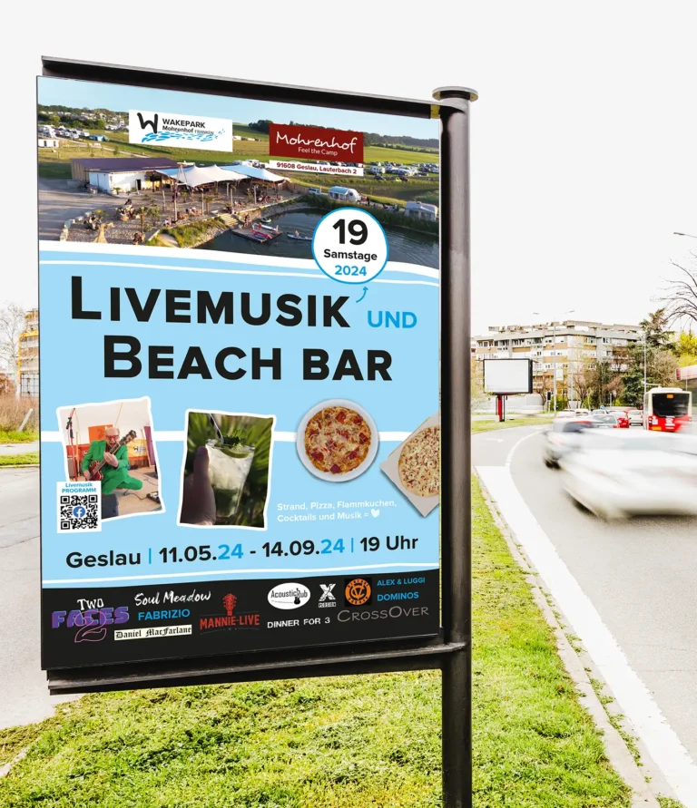 Plakat an der Straße mit der Info für Livemusik und Beach Bar im Mohrenhof Geslau