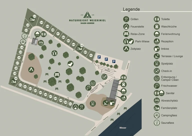 Übersichtlicher Lageplan des Naturresorts Weserinsel mit Stellplätzen, Zeltwiese und Legende