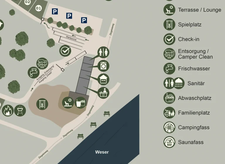 Detailansicht des Lageplans Naturresort Weserinsel mit Rezeption, Sanitäranlagen und Parkplätzen