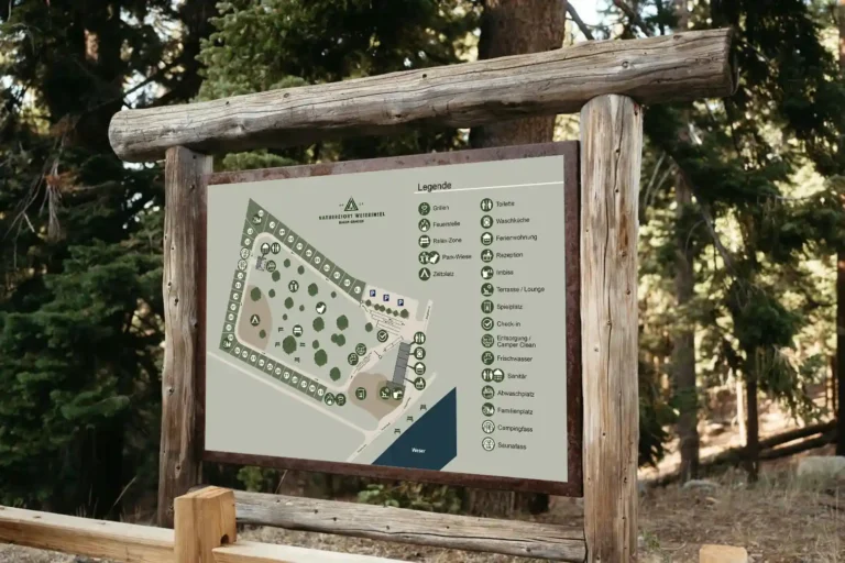 Großes Holzschild im Außenbereich mit aufgedrucktem Lageplan des Naturresorts Weserinsel