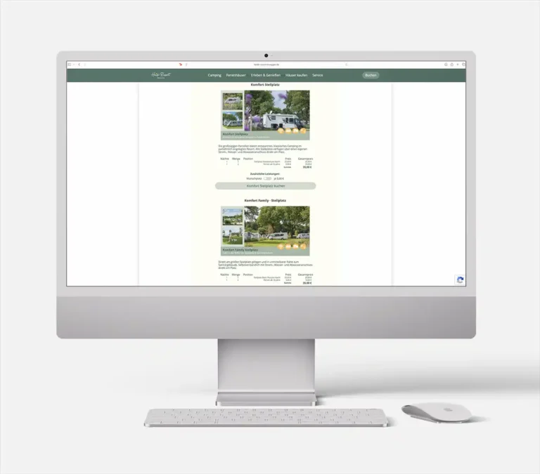 Computer-Bildschirm mit der Buchungsansicht für Komfort- und Family-Stellplätze im Heide-Resort Brüggen