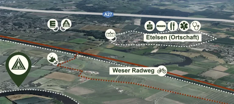 Karten-Ausschnitt mit Nahversorgung in Etelsen wie Supermärkten, Apotheken und Anbindung zum Weser-Radweg