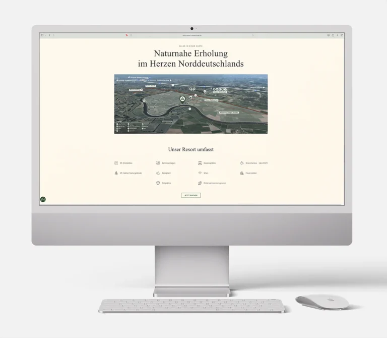 Vorschau der Website des Naturresorts Weserinsel auf einem Computer-Bildschirm mit interaktiver Umgebungskarte
