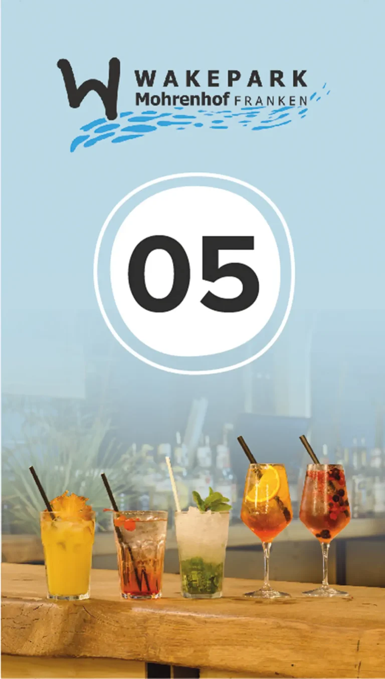 Design-Einleger für einen Gastronomie-Pager mit Wakepark-Logo, Tischnummer und Cocktail-Motiv