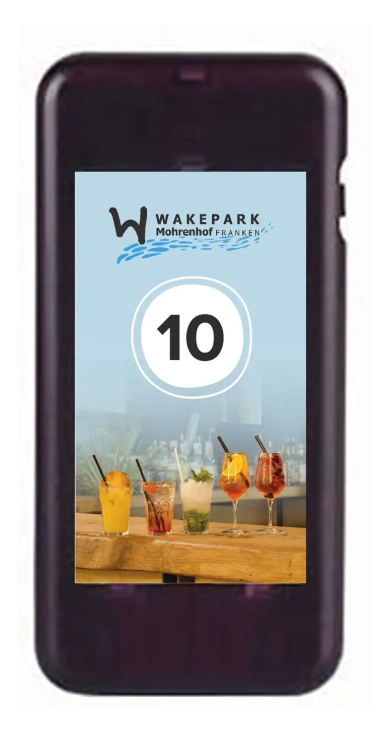 Ein einzelner Funk-Pager mit Display-Motiv des Wakeparks Mohrenhof Franken