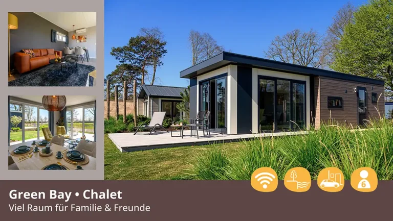 Modernes Chalet Green Bay im Heide-Resort Brüggen mit Holzterrasse, Gartennutzung und Einblicken in die Inneneinrichtung