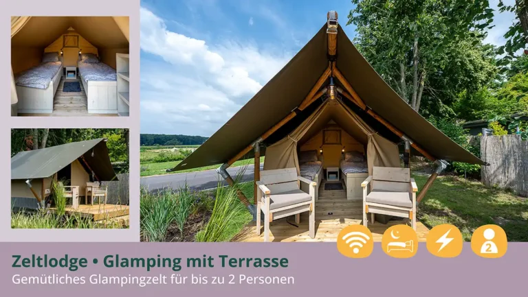 Gemütliche Zeltlodge für Glamping mit Holzterrasse und zwei Einzelbetten im Heide-Resort Brüggen