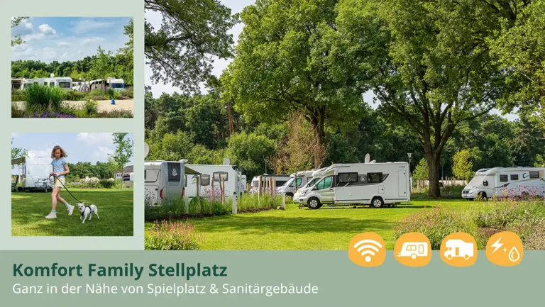 Grüner Komfort Family Stellplatz im Heide-Resort Brüggen mit Wohnmobilen und hundefreundlicher Wiese