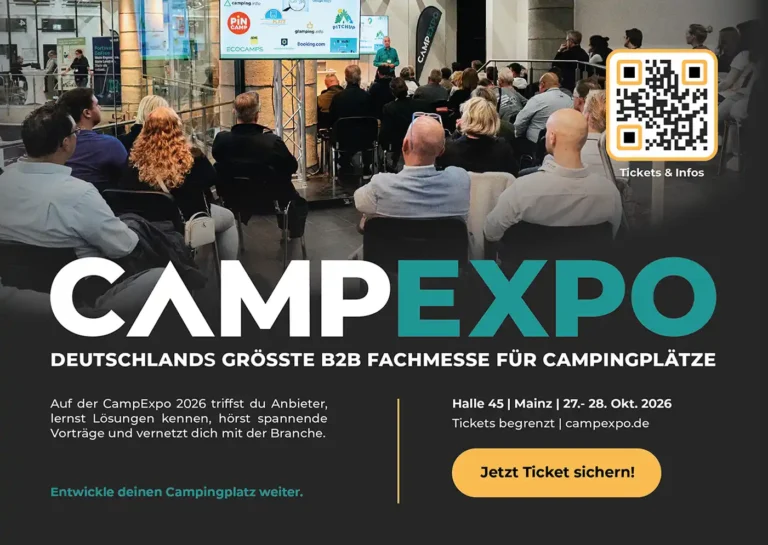 Gesamte Werbeanzeige der CampExpo 2026 mit Messefoto, QR-Code, Termin in Mainz und Ticket-Aufruf